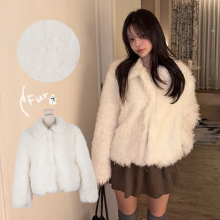 Ruched collar fur jacket