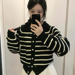 Striped Button Boxy Striped Knit Cardigan