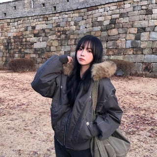 Raccoon Fur Hood Stitch Cargo Bomber Jacket