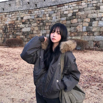 Raccoon Fur Hood Stitch Cargo Bomber Jacket