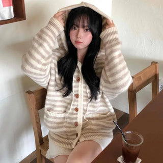 Fluffy Striped Hooded Oversized Button Knit Cardigan