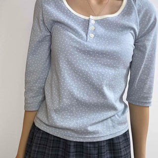 Soft Dot Button Neck Slim 3/4 Sleeve T-shirt