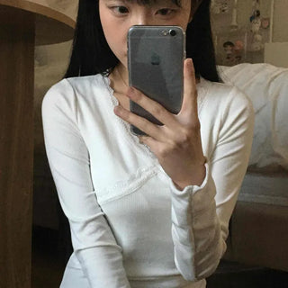 Lace Trim Wrap V-Neck Slim Long Sleeve Tee