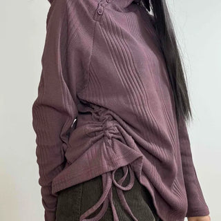 Diagonal Button Side String Shirred Hoodie