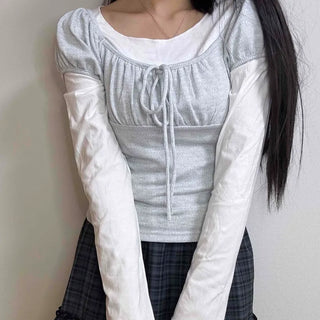 Knit Ribbon Shirred Puff Short Sleeve + See-through Balletcore Long Sleeve Set