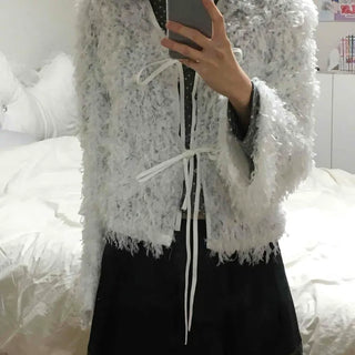 Fluffy Ribbon Tie Short Cardigan