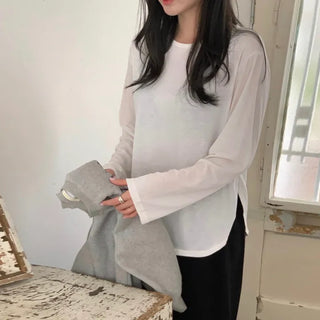 Magia Brushed Fleece Slit Oversized Round Neck Long Sleeve Tee