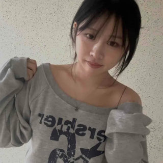 Lettering Graphic Off-Shoulder Loose Fit Sweatshirt