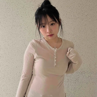 See-through Embroidered Lace Henley Neck Slim Long Sleeve T-shirt