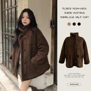 Fleece Shearling High-Neck Collar Suede Missile Winter Half Coat to Keep You Warm Up to Your Neck and Protect You from the Midwinter Cold