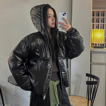 Et Glossy Hooded Short Padded Jacket