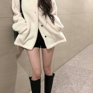 Loose Fit Snap Button Fleece Short Coat