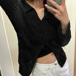 Rib Collar Double Button Slit Knit Cardigan