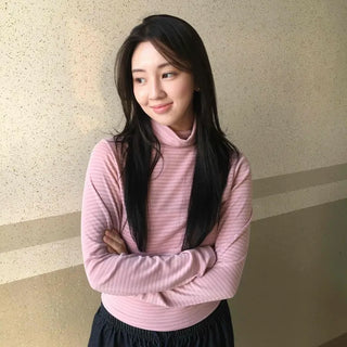 Soft Cotton Turtleneck Slim Fit Striped Long Sleeve T-shirt
