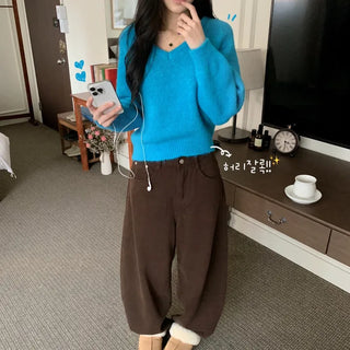 [Special Offer/Soft] Angora Heathered V-Neck Basic Loose Fit Long Sleeve Knit