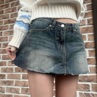 Vintage Washed Low-Rise A-Line Denim Skirt Pants