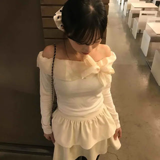 Fairy See-through Big Ribbon Off-shoulder Delicate Fit Knit