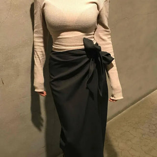 Ribbon-detailed H-line Long Skirt