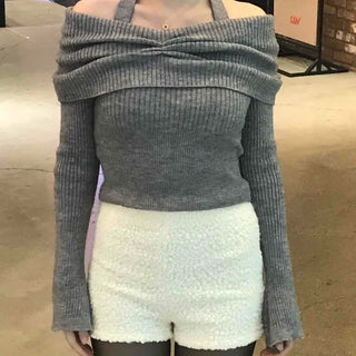 Shirred Off-Shoulder Halter Crop Ribbed Knit