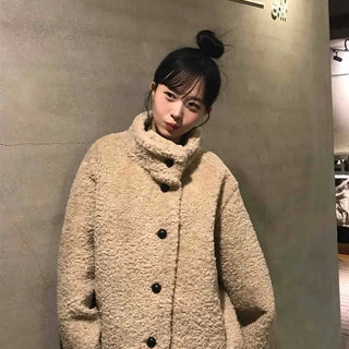 Cozy Texture High-Neck Midi Length Fleece Jacket