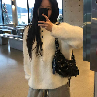 Cozy Angora Side Gold Button Round Knit