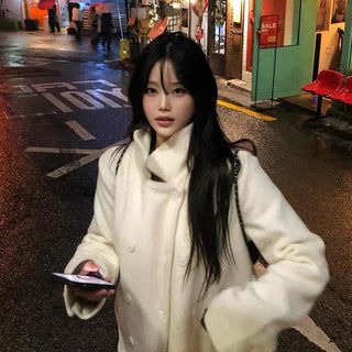 Heathered sheepskin round boxy short coat