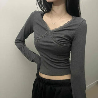 Sexy Fit Bead Trim Cross Halter Neck Crop Long Sleeve Tee