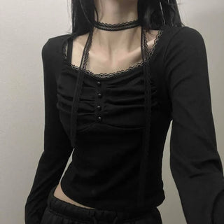 Dark Feminine Lace-Trimmed Button Crop Long Sleeve Tee