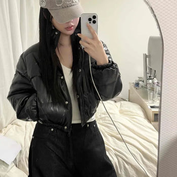 Street Snap Button Leather Short Padded Jacket