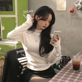 Winter Must-Have, Fleece-lined Mock Turtleneck Plain Side Shirred Pendant Warmer Delicate Slim Fit Knit Long Sleeve T-shirt