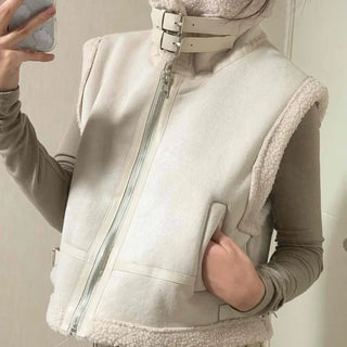Buckle Strap Layered Short Shearling Vest