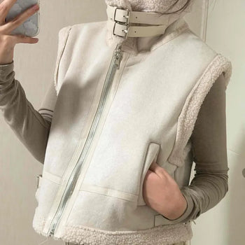 Buckle Strap Layered Short Shearling Vest