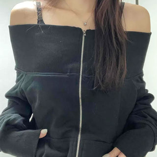 Slit Velvet Contrast Strap Off-Shoulder Zip-Up