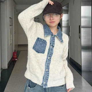 Denim Contrast Pocket Oversized Shirt Collar Cardigan