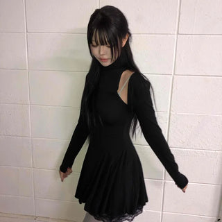 Shoulder Cutout Pleated Flare Mini Dress