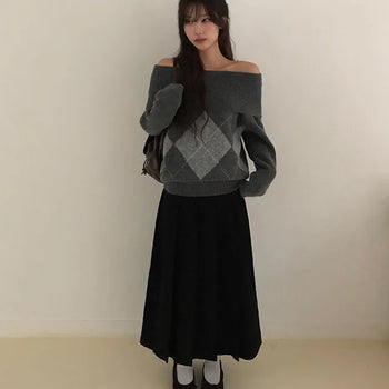 Ene Button Wool Long Pleated Skirt