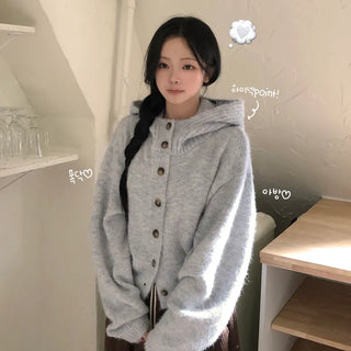 Soft, Thick Wool High Neck Turtleneck Hood Button Avant-garde Loose Fit Winter Knit Cardigan