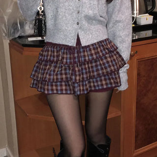 Romain folding check tiered skirt-pants