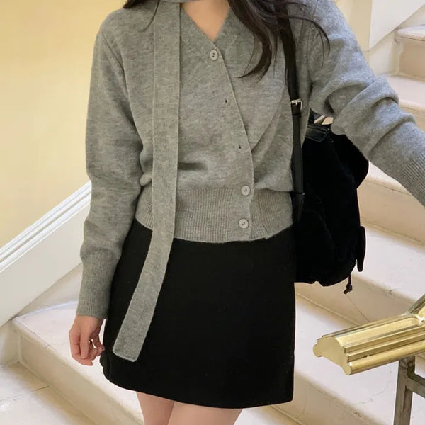 Scarf Set V-neck Tie Cardigan