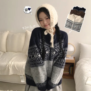 Fluffy~ Sapporo Snow Snowflake Nordic Jacquard Round Neck Two-Way Avant Loose Fit Wool Knit Zip-Up Cardigan