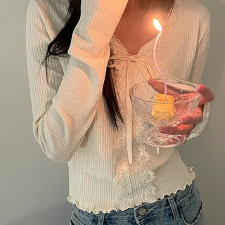 Flishu Delicate Fit Wavy Ribbon Ribbed Lace Long Sleeve T-shirt