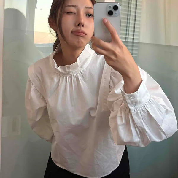 Soft Mood Shirred Neckline Balloon Sleeve Blouse
