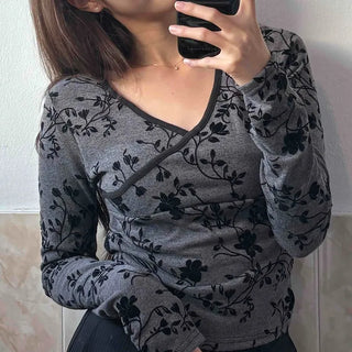 Feminine Flower Flocking V-Neck Slim Fit Long Sleeve T-Shirt