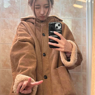 Hooded Suede Boa Shearling Double Pocket Half Coat