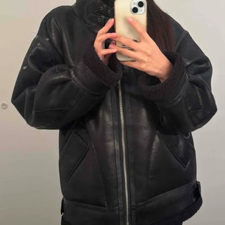 Short Oversized Eco Leather Jacket with Belt Detail