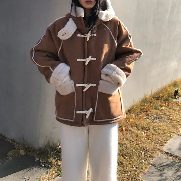 Taupe Hooded Oversized Shearling Jacket