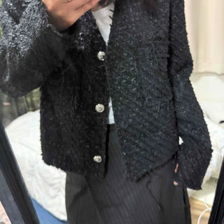 Classic Collarless Tweed Short Jacket