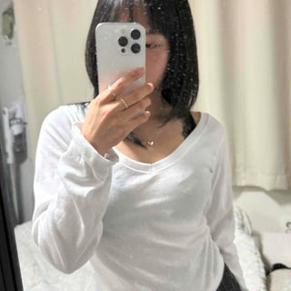 Basic V-neck Cotton Loose Fit Long Sleeve T-shirt