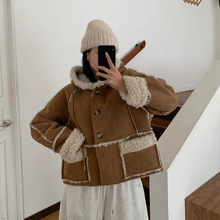 hooded fleece shearling jacket