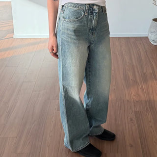 Basic straight denim  Semi-wide denim pants for petite women, medium blue vintage straight jeans